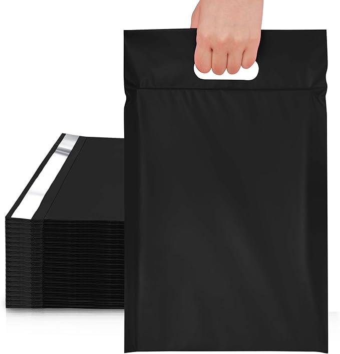 JinRuiKJ Poly Mailers with Handle 12x15.5 Inch 50 Pcs, Self Sealing Shipping Bags for Clothing, Easy to Carry Packaging Bags for Small Business - Pure Black