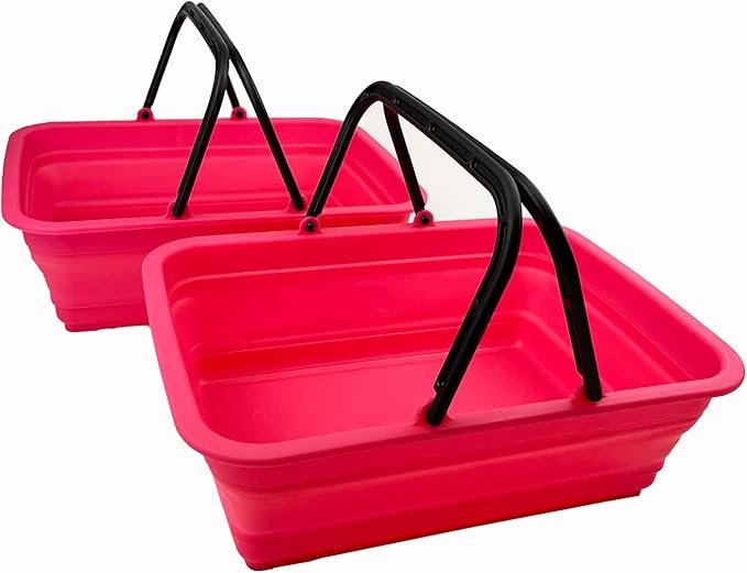 SAMMART Collapsible Basket with Handle 8L (2.1 Gallon)- Portable Outdoor Picnic Basket/Crate - Foldable Basin for Washing Dishes,Camping,Hiking (Rose Pink (Set of 2))