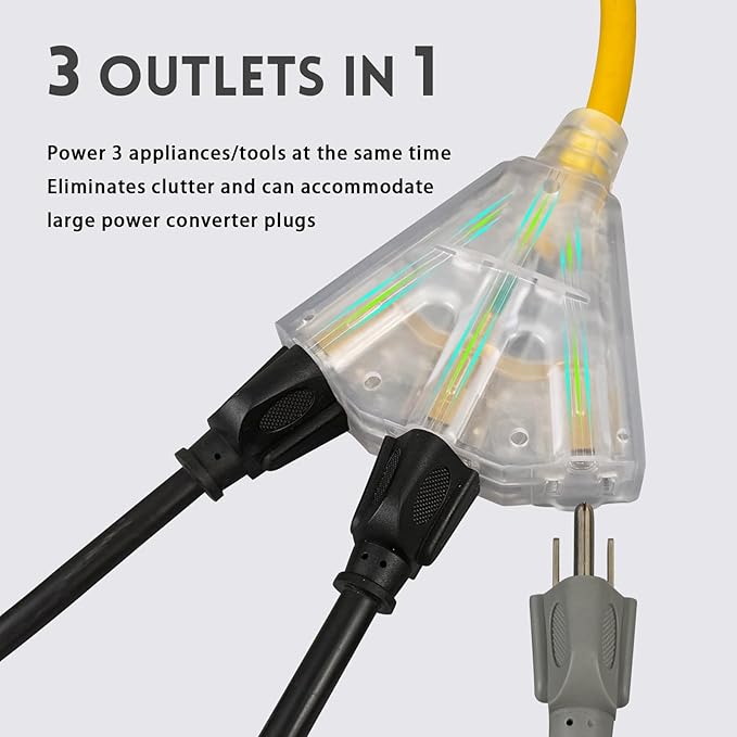 EP 10 Ft Lighted Outdoor Extension Cord with 3 Electrical Power Outlets - 14/3 SJTW Heavy Duty Yellow Extension Cable with 3 Prong Grounded Plug - Power Cord for Lawn, Garden, Appliances