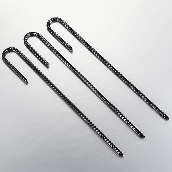 Rebar U/J Hook Extra Heavy Duty, 12 inch x 1/4 inch Rust Proof Coated Steel Ground Anchors for Garden, Tent, Trampoline (10pcs, J-Hook)