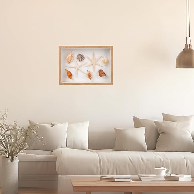 liomey Shell Ornament Christmas Decor 11.69" x 8.27" Coastal Wall Art Wooden Frame with Natural Conch Shells, Nautical Beach Home Decor, Ocean Themed Display for Living Room, Bedroom, Office(Two starfish and four conchs)