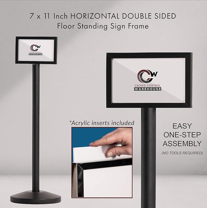 Pedestal Standing Floor Sign Frame with Sloped Base, 7x11 Inch Horizontal, Black Powder Coated Steel - CCW Series SFFS-100