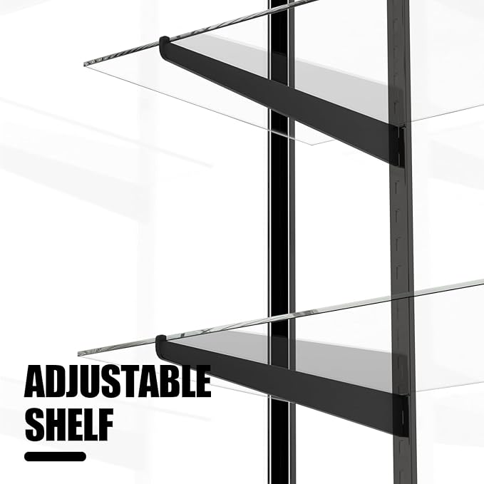 48”D * 20”W * 38”H - Freestanding Retail LED Full Vision Glass Display Case, Black Aluminum Frame, Two Adjustable Height Tempered Glass Shelves