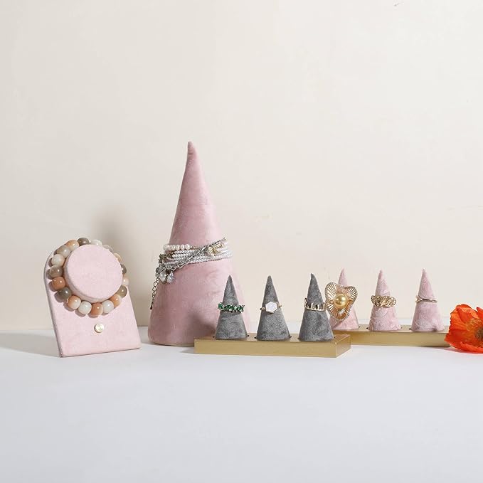 GemeShou Velvet bracelet display stand for selling, pink jewelry bangle holder with golden base, felt bracelet storage organizer for nightstand home decor【Bracelet holder-pink】