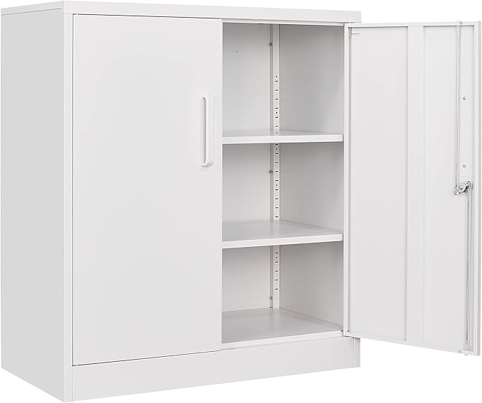 SISESOL 36 inch Storage Cabinet with Doors and Shelves,White Metal Storage Cabinet,Small Locking Metal Cabinets,Short Steel Counter Cabinets with Lock for Garage Home Office Pantry