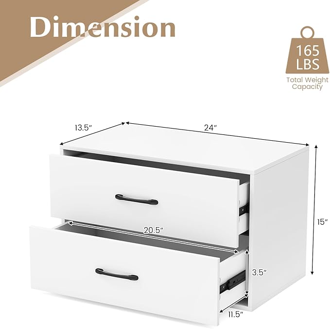 GOFLAME Stackable 2-Drawer Dresser, Wood Horizontal Storage Organizer with Metal Handle & Smooth Sliders, Lateral File Cabinet with Anti-tilt Kit for Bedroom Office, White