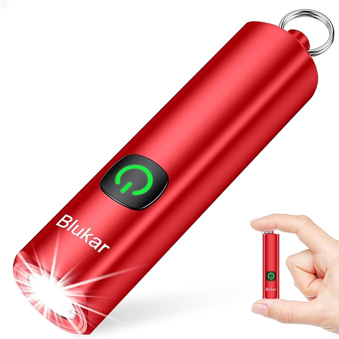Blukar Rechargeable EDC Flashlight, Mini Keychain Flash Light with 3 Lighting Modes, Memory Function, Waterproof, Compact and Portable Pocket Light for Everyday Carry, Emergency,Camping-Red