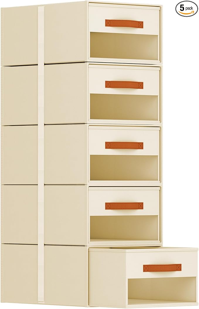 Stackable Storage Drawers - Pull Out Storage Bins with Drawers for Closet Clothes Organizers with Weekly Labels & Clear Window, Closet Shelf Storage for Bedroom, Living Room, 5 Pack, Beige