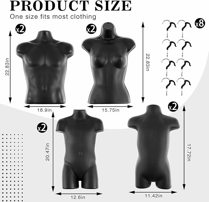 8 Pcs Black Mannequin Torso Forms, Male Female Child & Toddler Torso Hanging Mannequin Body Family Set Hollow Plastic Forms for Tshirt Display Retail Store Countertop Craft Shows Exhibitions