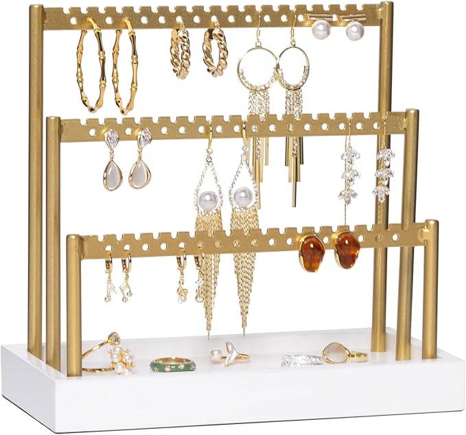 SANY DAYO HOME 3-Tier Earring Holder Organizer Stand, 105 Holes Gold Metal Earring Rack Jewelry Display Tree with White Wood Tray for Women and Girls