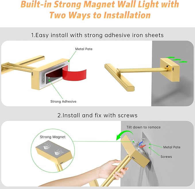 15.35inch Picture Light, Rechargeable Battery Wall Light for Paintings, 3 Colors Paintings Light Dimmable and Timer Metal Art Light for Display, Wall, Artwork, Gallery (Gold)