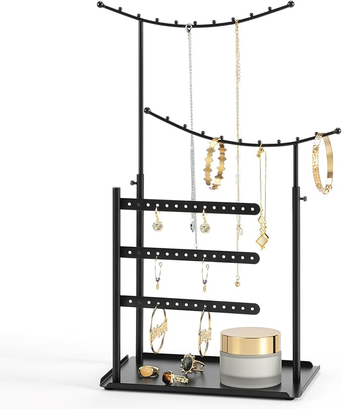 LAMU Jewelry Organizer, 5 Tier Jewelry Stand Display with Anti Entanglement Necklace Holder Tree, Height Adjustable Stroage for Earrings Rings Studs Bracelet, Christmas Gifts for Women Girls, Black