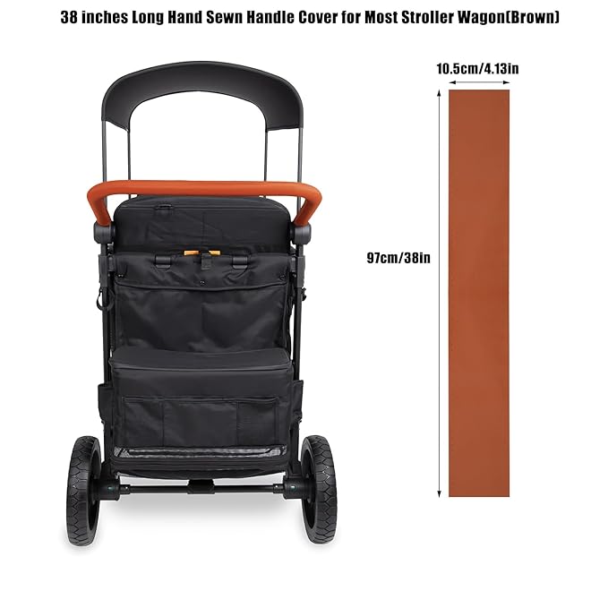 Universal Genuine Leather Handle Cover Compatible with Wonderfold Stroller W2/W4,38 inches Long Hand Sewn Handle Cover for Most Stroller Wagon(Brown),Non-Zippered Style