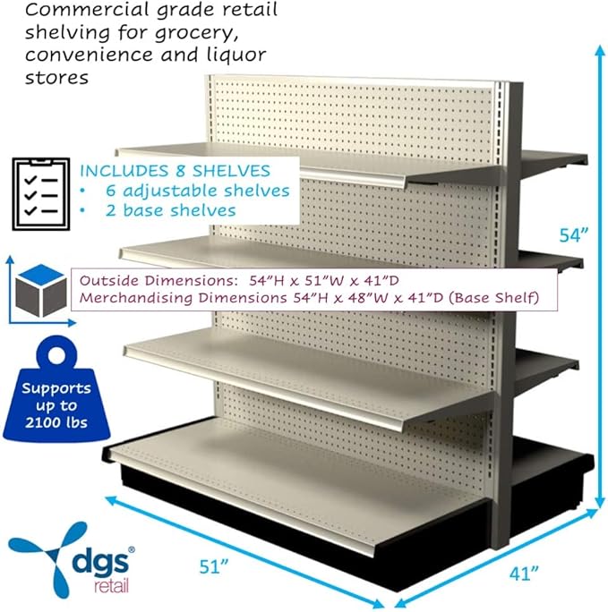 Island Gondola Retail Shelving Display, 8 Shelves Beige [Platinum] Double-Sided 48”W x 54”H x 41”D for Retail Convenience Grocery Office Supply or Liquor Stores, Industrial Grade Made in USA