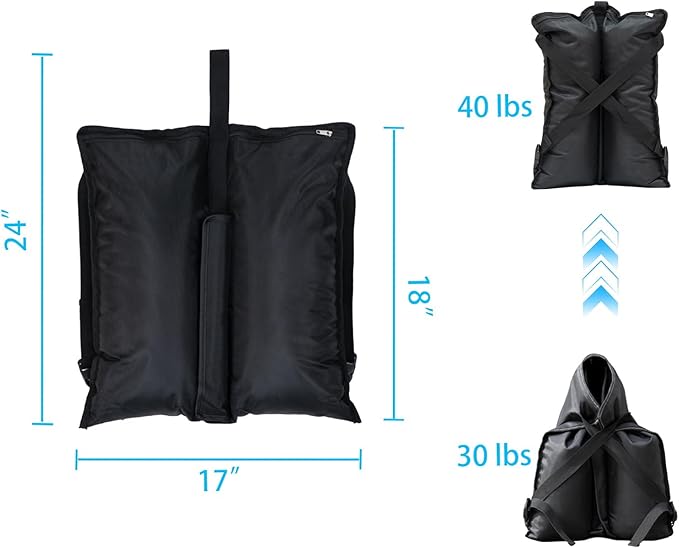 Set of 4 Sand Bags(160lbs) with 1680D Heavy Duty Fabric and Double Sewing Line and Zipper Perfect for Outdoor Gazebo Canopy Leg Umbrella Tent Carport Weights (Black)