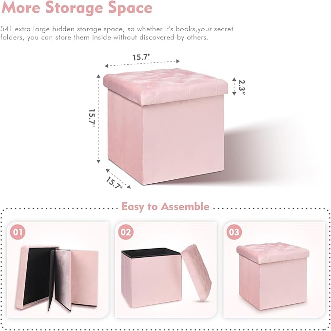 B FSOBEIIALEO Storage Ottoman Cube, Velvet Tufted Folding Ottomans with Lid, Footstool Rest Padded Seat for Bedroom (Pink, Medium)