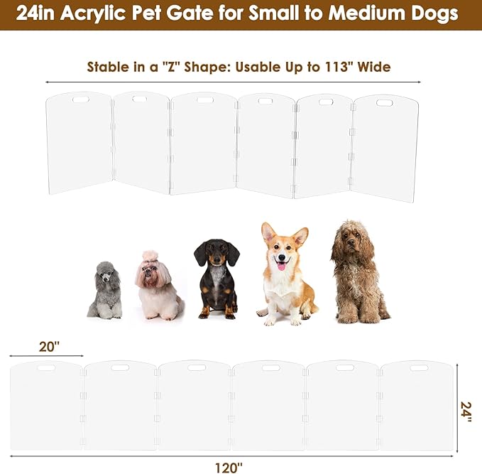 Modern Frame Clear Acrylic Freestanding Pet Gate - 24" High Extra-Wide Folding 6-Panel Dog Barrier for Doorways, Stairs & Large Openings, Indoor Fence for Dogs, Puppies & Cats