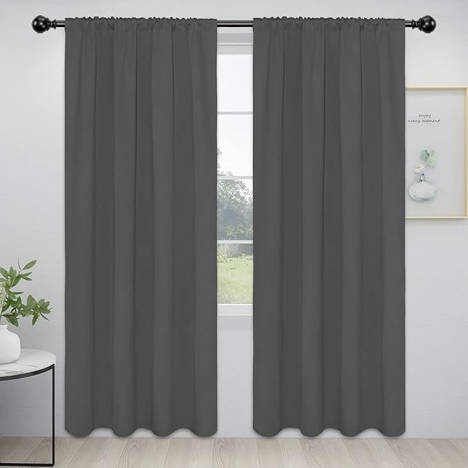 Easy-Going Rod Pocket Blackout Curtains for Bedroom, Room Darkening Window Curtains for Living Room, Thermal Insulated Noise Reduction Solid Window Drapes, 2 Panels(52x84 in, Gray)