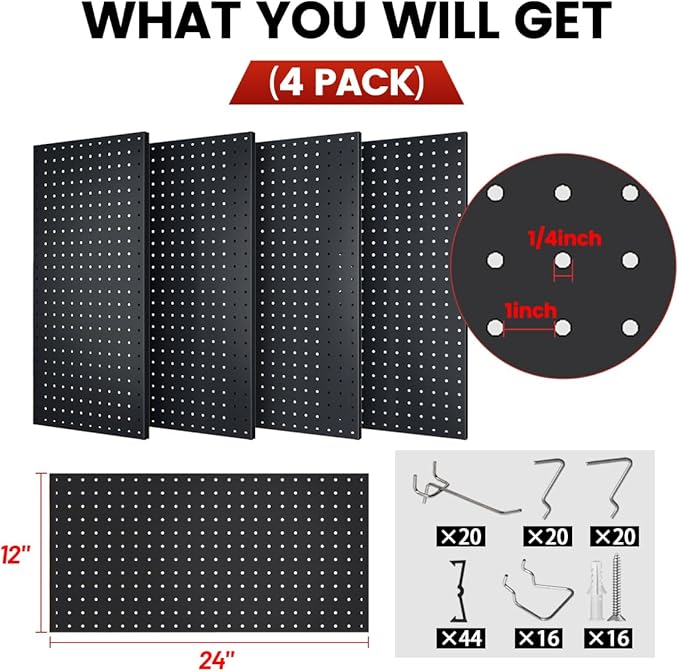 Pegboard, Metal Peg Board, Pegboards Wall Organizer with 76 Pcs Hooks, Sturdy Peg Board for Garage Tool Organization, Home & Office Wall Decoration (Black, 4 Pack)