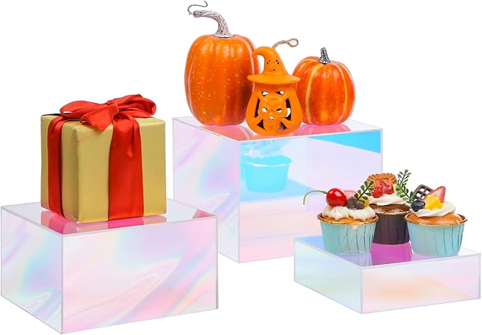 Risers Display Stands, Buffet Riser, Cubes Acrylic Display Box, Food Display Risers for Party, Acrylic Retail Display Stand, Nesting Showcase Display Riser, Craft Show Display Stand (3PCS-Iridescent)