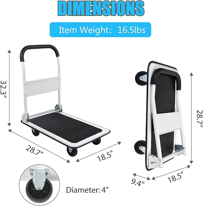 LEADALLWAY Foldable Push Cart Platform Cart 330lbs Capacity 4 Wheels 28.7x18.5x32.3inches White Small Flatbed Cart