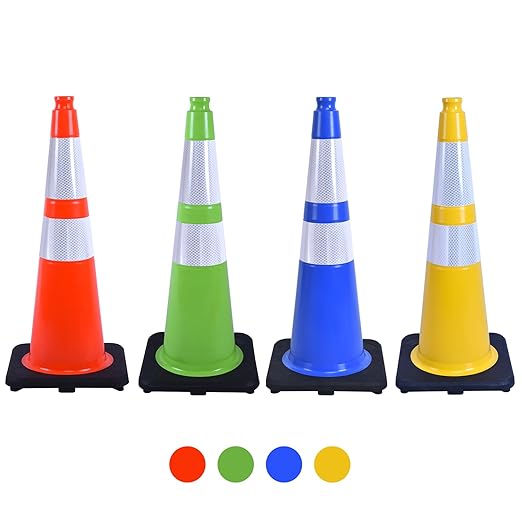 6 Pack 28 Inch Yellow Reflective Traffic Cones, Heavy Duty Black Base Safety Cones for Work Zones, Roadside Assistance and Maintenance Areas (6, Yellow, 28 Inch)