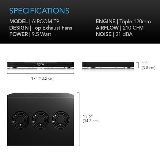 AC Infinity AIRCOM T9, Quiet Cooling Fan System 17" Top-Exhaust for Receivers, Amps, DVR, AV Cabinet Components