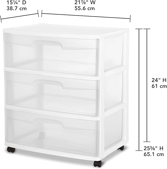 3 Drawer Wide Plastic Storage Cart with Clear Pull-Out Drawers & 4 Wheels - Medium Home Organization Container for Classroom Bathroom Dorm Bedroom Laundry Room (White)