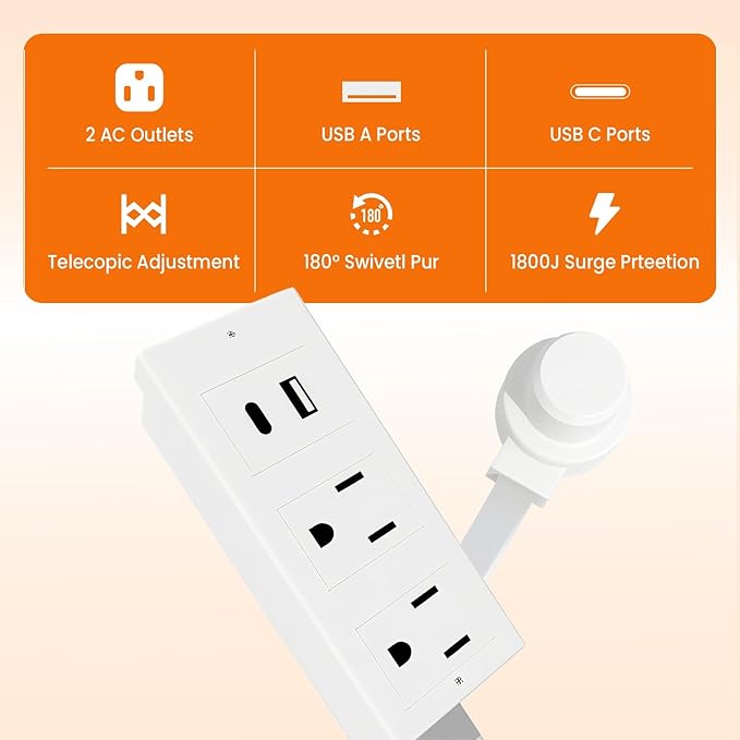 Adjustable Power Extension Pole with USB-C & USB-A Ports, 2 AC Outlets, 22–27 Inch Expandable Length, 180° Rotating Design, Space-Saving Power Strip for Sofa, Desk, and Bedside Use