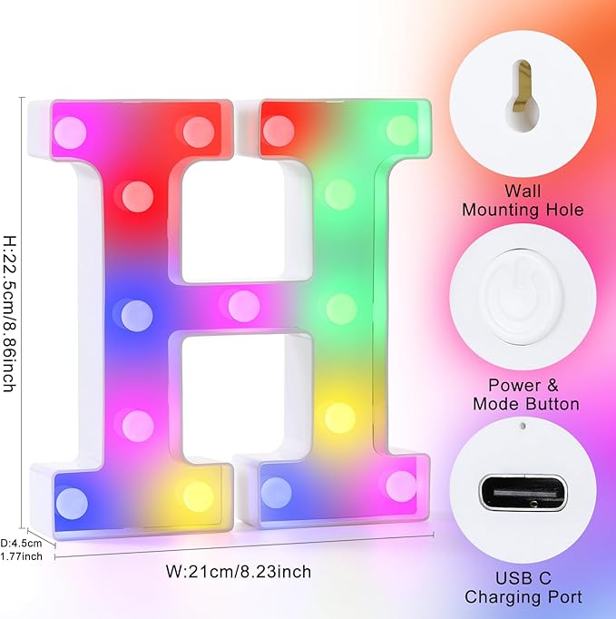mooncow Rechargeable Light Up Letters,Colorful Marquee Letters with Remote,Gift Wrap Gifts,Bedroom Home Bar Party Decor (H)