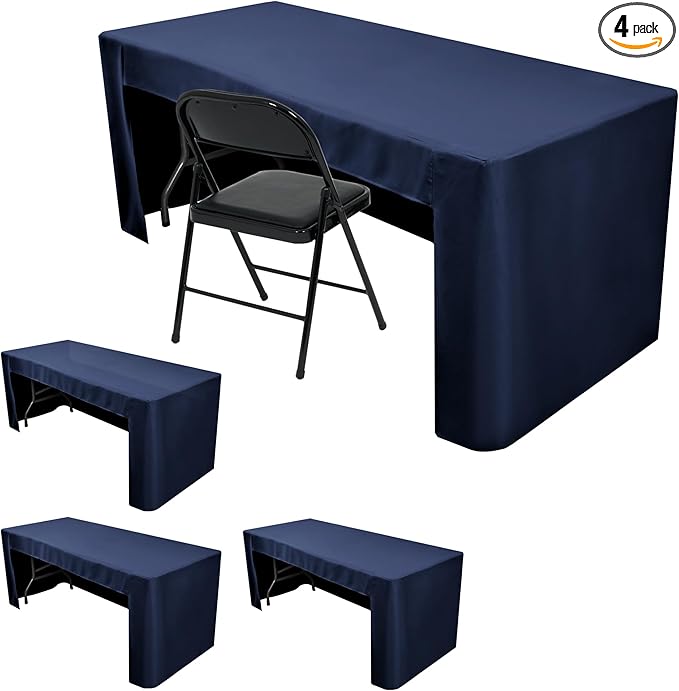 HolidayIdeas Open Back Fitted Tableclothss for 8 Foot Rectangle Table, Wrinkle Resistant Washable Table Covers 96x30 Inch for Craft Fairs, Banquets, Trade Show Display, Navy Blue,4 Pcs