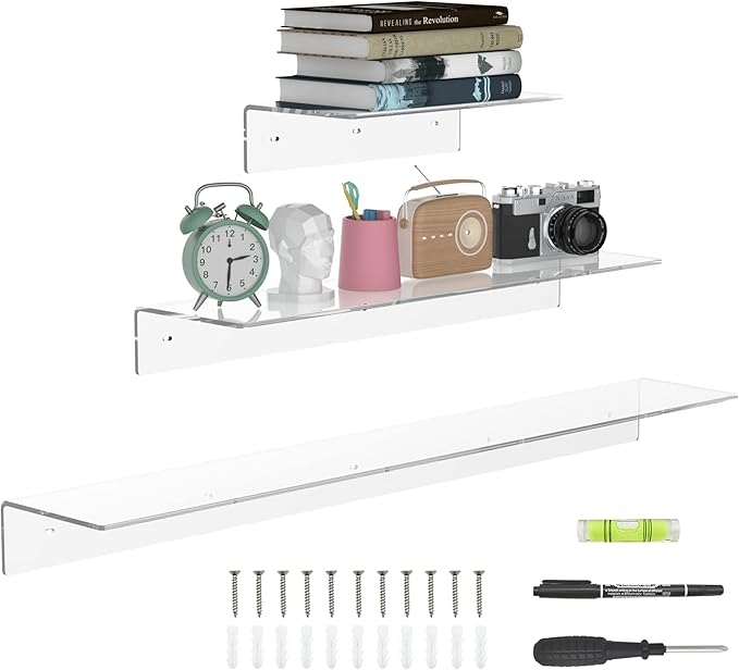 Acrylic Wall Shelves 36 24 12 Inches, Clear Floating Shelf for Wall, Wall Mounted Display Shelves for Plants, Radio, Funko Pop, Stuffed Animal, Books, Clock, Cosmetics, Toiletries