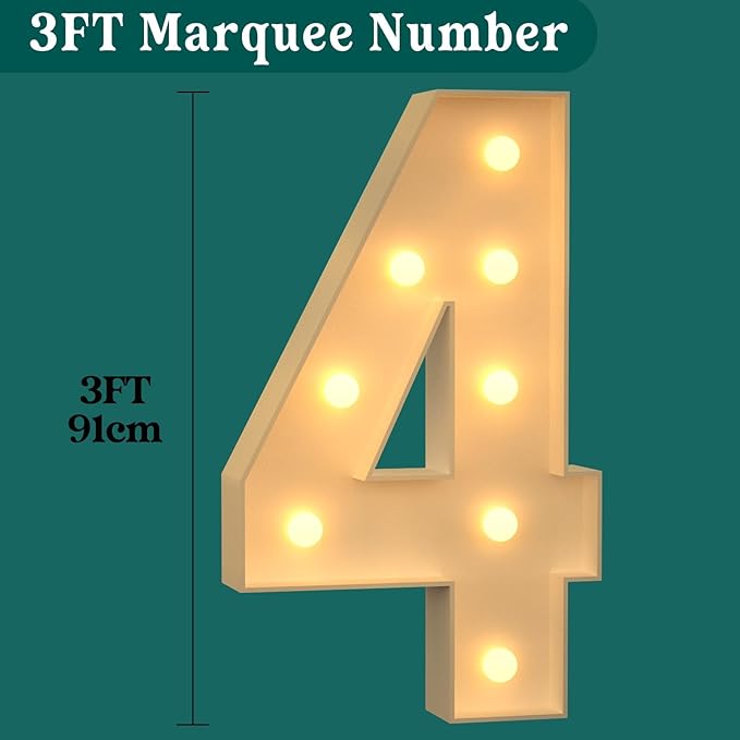 3FT Marquee Numbers, Light Up Numbers 4 for 4th 14th 40th Birthday Decorations, Big Numbers for Party Decorations, Large Light Up Numbers for Party Decor DIY Pre-Cut Foamboad Mosaic Numbers