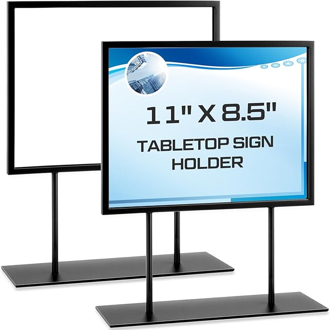 Zhengmy Tabletop Sign Holder with Flat Base Double Sided Countertop Sign Holder Desktop Display Stand Metal Poster Display Stand for Office Store Restaurant Hotels, Black(11" X 8.5",Horizontal,2 Pcs)