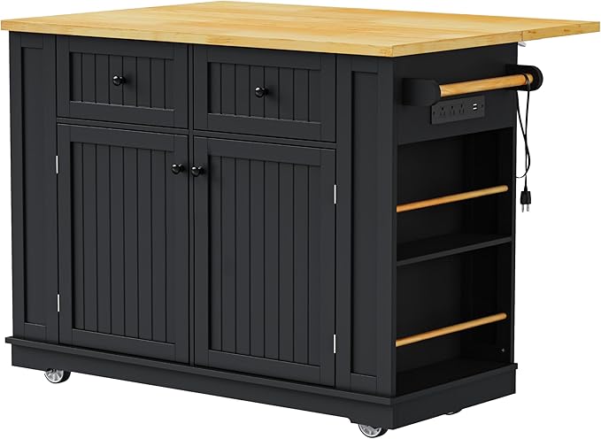 Rolling Kitchen Island with Drop Leaf & Power Outlet, Large Kitchen Islands Cart on Wheels, Movable Kitchen Island with 5 Open Storage Shelves & Towel Rack for Kitchen, Dining Room, 48-Inch, Black