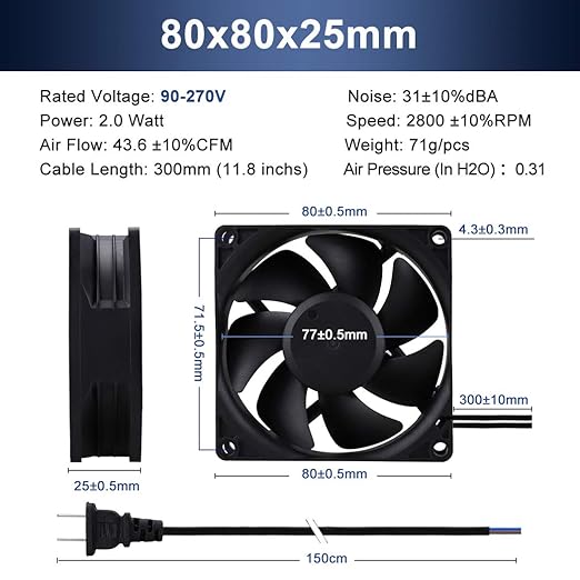 Wathai 80mm EC Axial Fan AC 110V 115V 120V 220V 240V Brushless Cooling Fan 80mm x 25mm