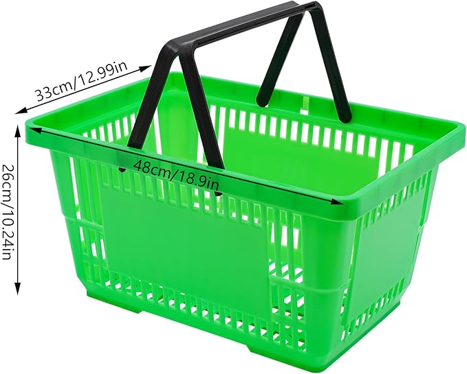 LOYALHEARTDY 12PCS Shopping Baskets with Handles, 21L Plastic Grocery Basket for Retail Store, Supermarket, Grocery Shopping |17" x 12" x 9" Portable Shop Basket (Green)