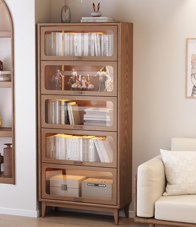 Solid Wood Bookcase 5 Tier Bookshelves with Tempered Glass Flip-Up Doors 72Hx13.7Dx32W" Brown Finish Cube Storage Organizer, Bookshelf Versatile Pantry Cabinet with Storage for Kitchen Home Office