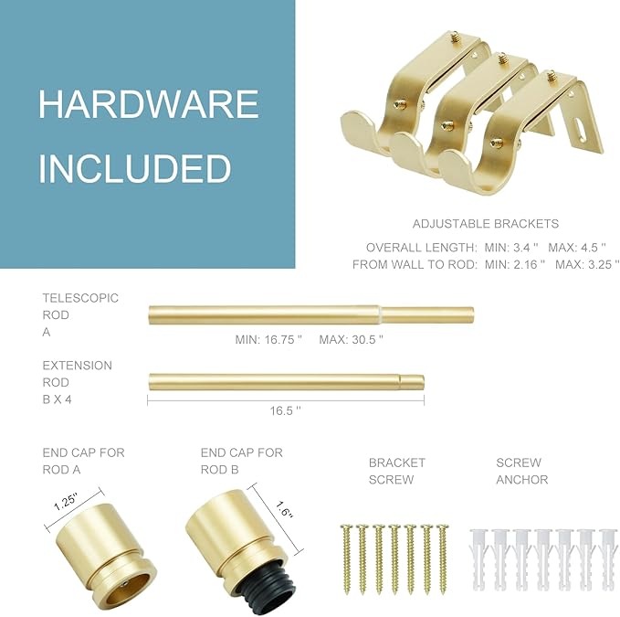 Curtain Rods for Windows 16 to 88 Inches Adjustable Length 1 Inch Diameter Window Curtain Rod with Aluminium Finials, Warm Gold