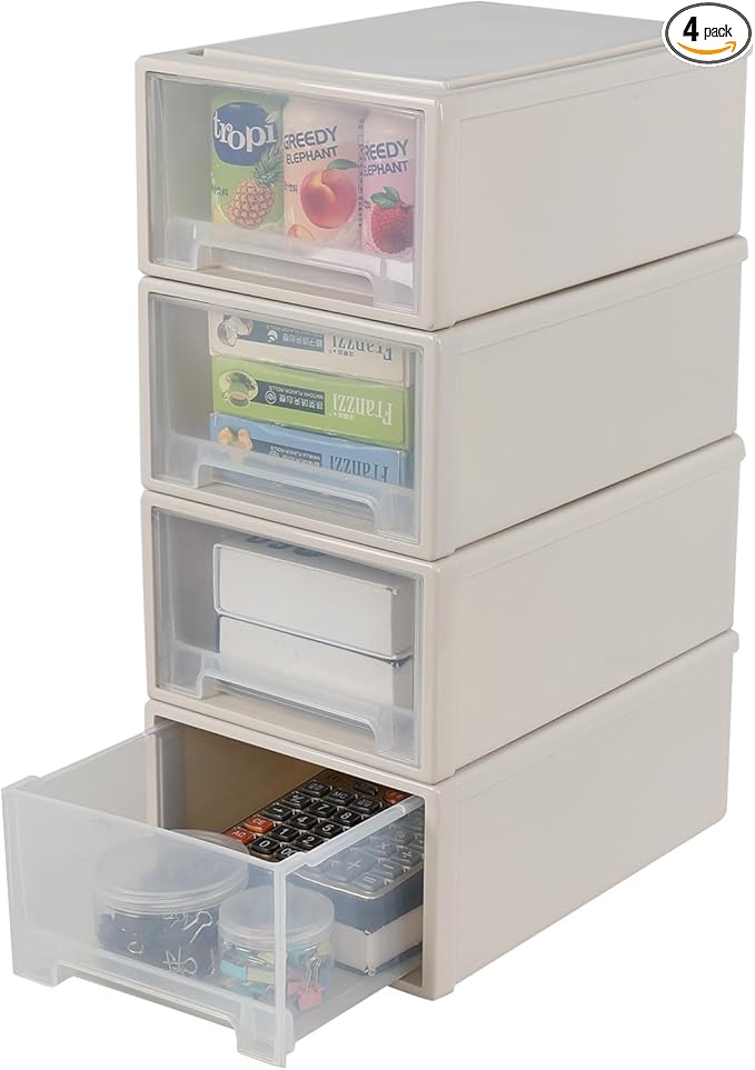 4 Pack Plastic Stackable Chest Storage Drawer Bins, 12 Quart Stacking Drawer Unit