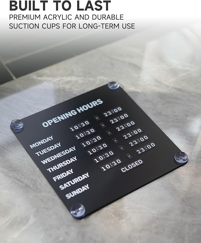 Metal Business Hours Sign with Suction Cups - Magnetic Open Closed Display Board for Storefront Window, Glass Door, Tile Wall & Counter - Changeable, Reusable & Rust-Resistant Steel Kit