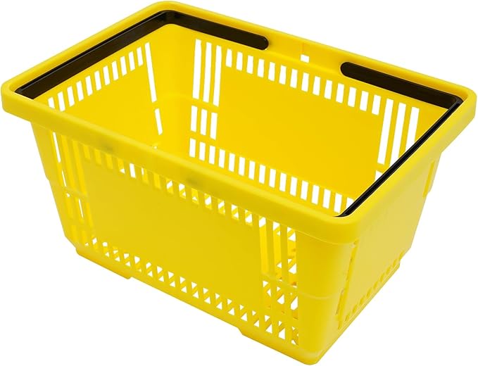 LOYALHEARTDY 12PCS Shopping Baskets with Handles, 21L Plastic Grocery Basket for Retail Store, Supermarket, Grocery Shopping |17" x 12" x 9" Portable Shop Basket (Yellow)