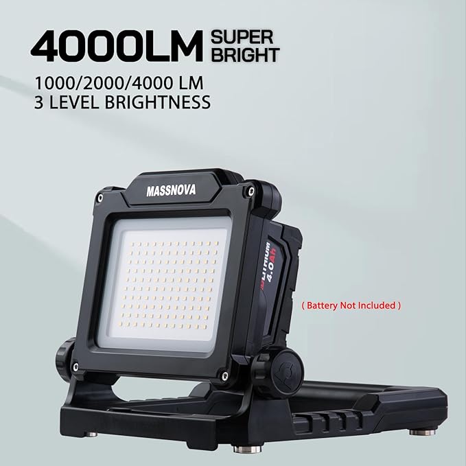 4000LM 25W Cordless Work Light with Tripod Stand, Super Bright, Compatible with Dewalt, Makita and Milwaukee 18-21V Power Battery, Brightness Adjustable, Flicker Free