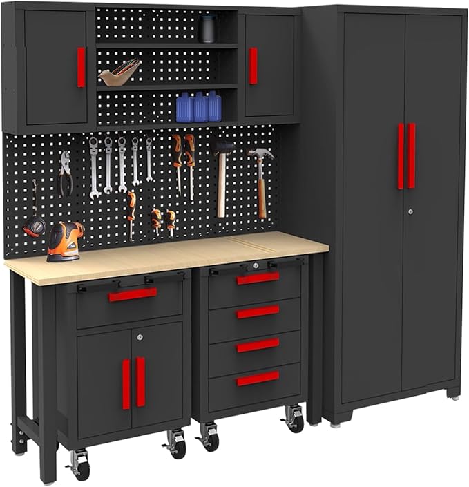 Garage Cabinets Storage System，12PCS Workshop Set with Steel Cabinet Drawers, Rolling Chest, Workbench, Pegboard for Tool Organization