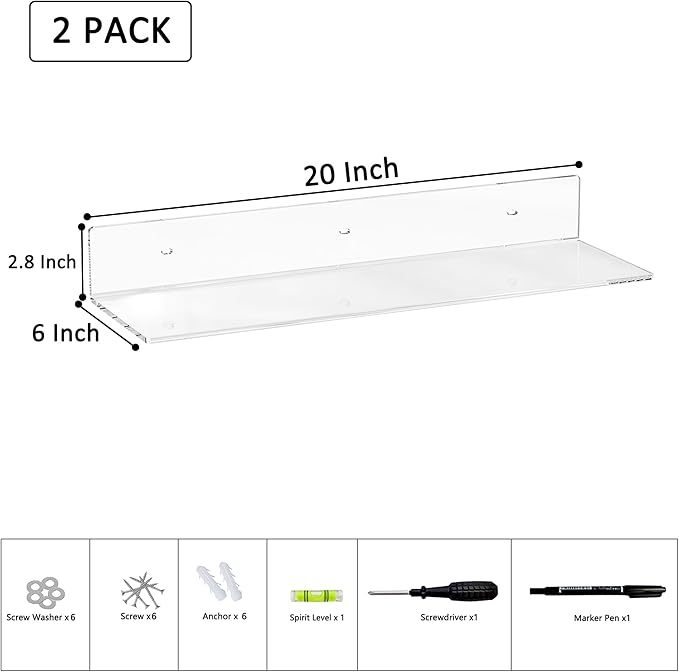 20 Inch Clear Wall Shelves for Wall, Wall Mounted Acrylic Floating Shelf for Plants, Speaker, Radio, Funko Pop, Stuffed Animal, Books, Cosmetics, Toiletries, 2 Pack (20 Inch)