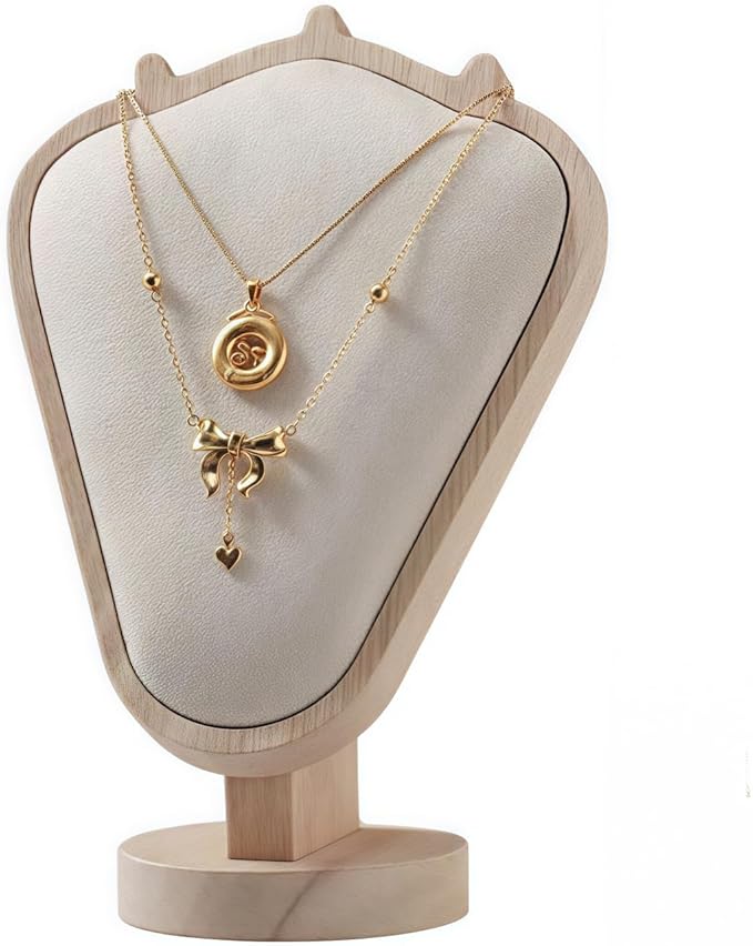 Natural Body Wood Necklace Display Stand with Beige Flannelette Soft Mat Necklace Holder Organizer Desktop Stand for Home Store Dresser-4.45"x8.4"x12"