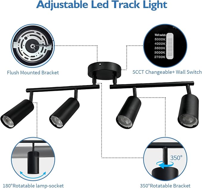Jolux LED 4 Light Track Lighting Kit, Black 4 Way Ceiling Spot Lighting, Included 4 GU10 Bulbs 1100LM 5CCT Selectable,Flexibly Rotatable Light Head for Kitchen Cabinet Art Walls Hallway Living Room