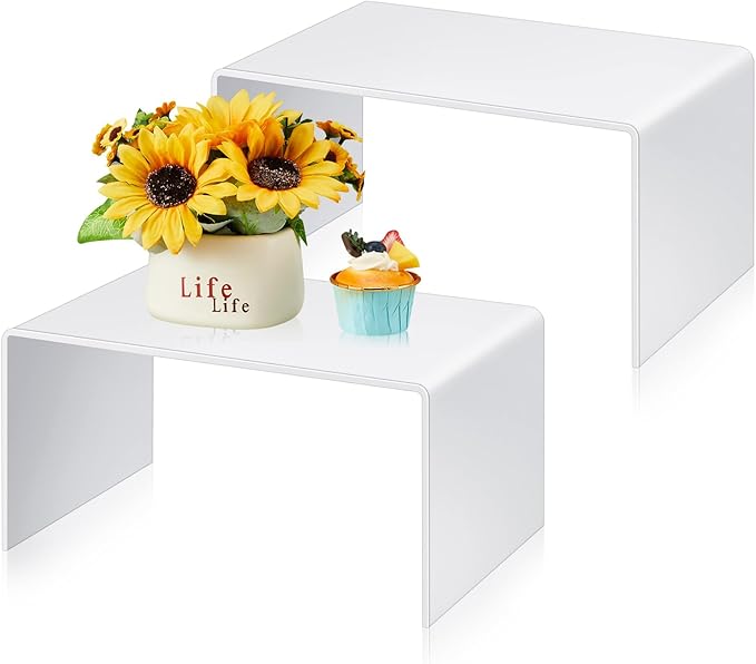 2 Pcs 12 Inch Large Acrylic Risers Display Stands 5 mm Thick Acrylic Shelf Riser Showcase for Collectibles Jewelry Cupcakes Food Figures Perfume Cabinet (White)