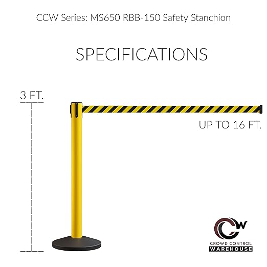 Crowd Control Warehouse CCW Series RBB-150 - Set of 2 Stanchion Retractable Belt Barriers - 16 Foot, Yellow Belt with Yellow Post - Easy Assembly