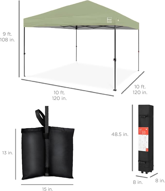 Best Choice Products 10x10ft 1-Person Setup Pop Up Canopy Tent Instant Portable Shelter w/ 1-Button Push, Case, 4 Weight Bags - Sage Green